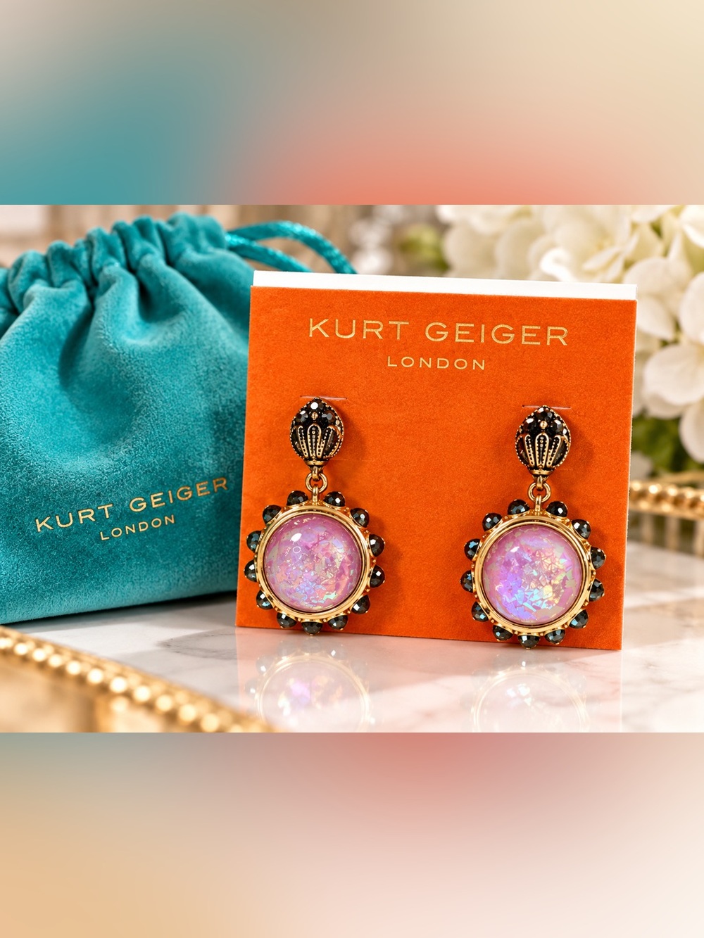 NWT Kurt Geiger Pink Iridescent Drop Earrings Gold Tone